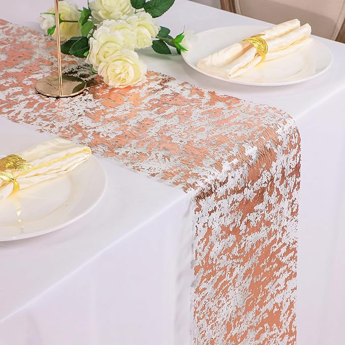 Snowkingdom Rose Gold Table Runner 11 Inch x 100 Feet Glitter Sequin Metallic Pink Thin Mesh Runner Sparkly Table Decorations for Birthday, Wedding, Bridal Shower, Baby Shower Party