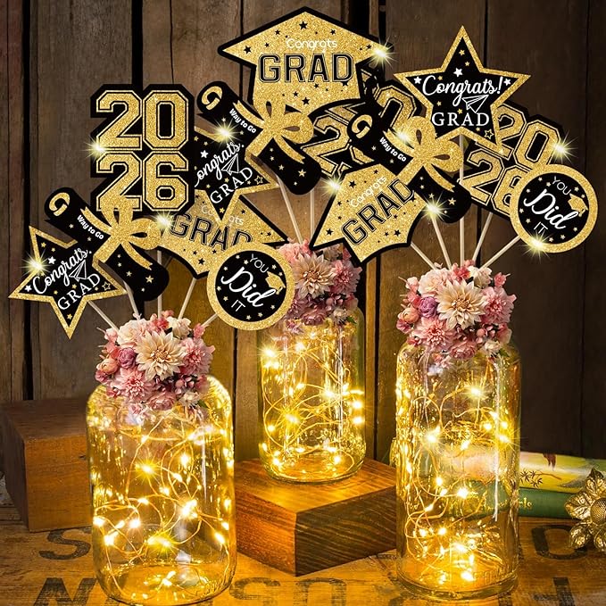 OuMuaMua Graduation Decorations Class of 2026-30pcs Black and Gold Graduation Table Centerpieces Sticks Table Toppers with Lights for College High School Congrats Grad Party Supplies