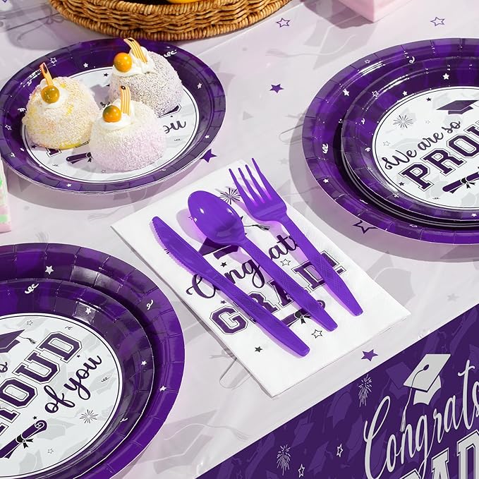 Graduation Party Supplies Congrats Grad Plates and Napkins Set Disposable Tableware Paper Plates Napkins Cups Knives Spoons Forks Straw for Class of 2025 Graduation Party Decorations Serve100 (Purple)