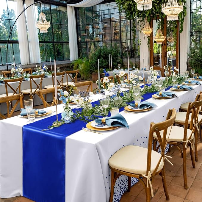 Breling 8 Pack Royal Blue Disposable Plastic Tablecloths and Satin Table Runner Set, 54 x 108 Inch Tablecloth, 12 x 108 Inch Table Runners for Wedding Graduation Birthday Baby Shower New Year