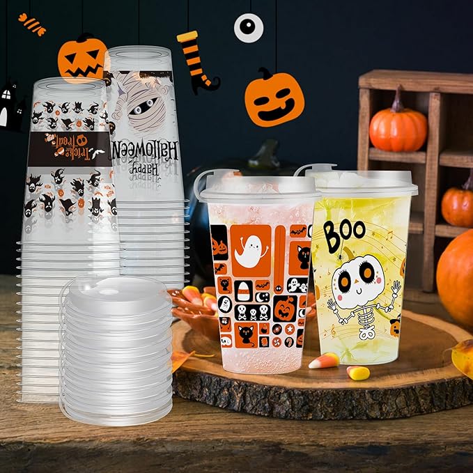 50 Pcs Halloween Plastic Cups 16oz Disposable Clear Drinking Cup with Lids,4 Style Patterns for Hot and Cold Drinks, Coffee, Beer, Drinks, Ice Cream, Trick or Treat Halloween Party Decoration Supplies