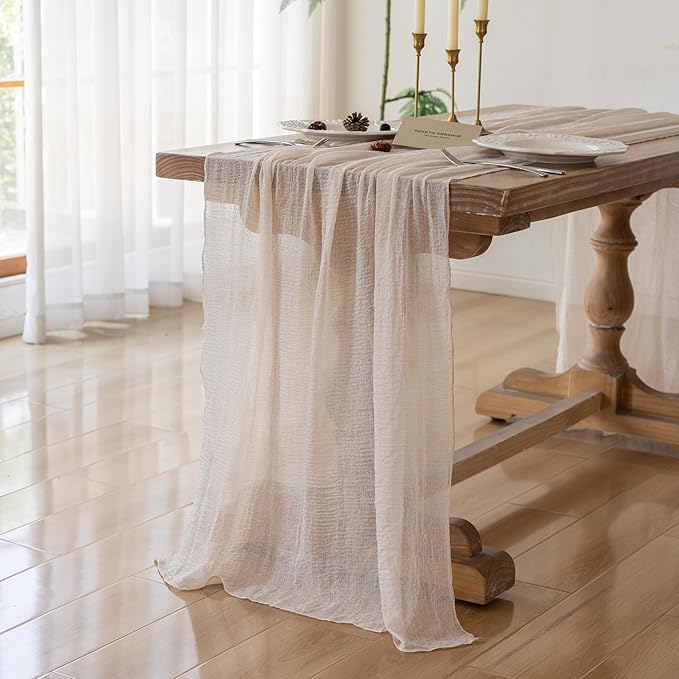 Keketoarrange Beige Spring Easter Cheesecloth Table Runner Gauze Rustic 120 Inch 10 FT for Wedding Baby Shower Bridal Shower Birthday Engagement Garden Party Long Sheer Boho Home Decorations