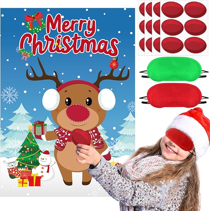 AUGSUN Pin The Nose on The Reindeer, Large Christmas Reindeer Poster Games Xmas Activities Winter Holiday Party Games for for Kids Adults Friends and Family Christmas Party Favors