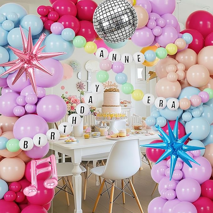 189Pcs Pink Purple Balloon Garland In My Teenage Princess Birthday Decorations Disco Ball Balloons For Music Themed backdrop,Customizable Bracelet Banner, Baby Shower,Bridal，Bachelorette Party