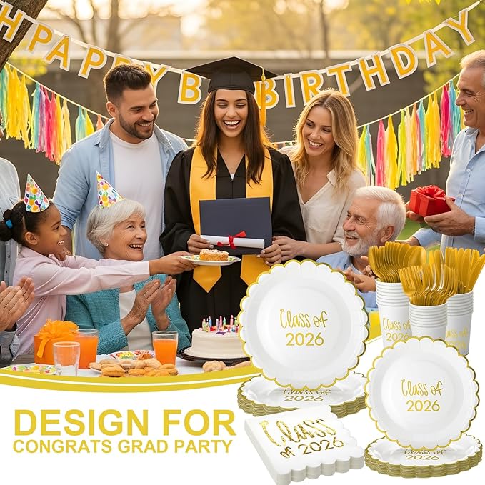 Class of 2026 Graduation Party Supplies, 175 Pcs Congrats Grad Paper Plates Napkins and Cups Cutlery Disposable Tableware Set for College High School Congrats Decorations, Serves 25 (Gold)