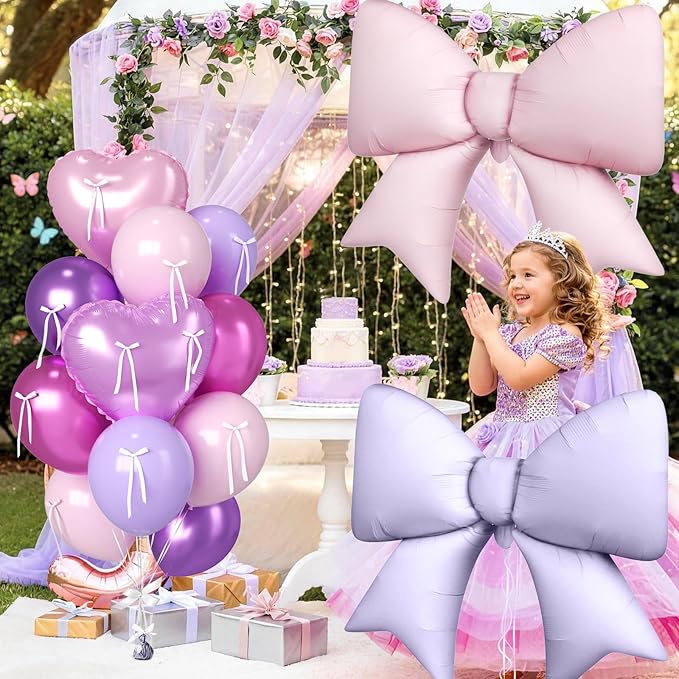 16Pcs Pink and Purple Heart Balloons, 38 Inch Bow Balloons, Metallic Pink Purple Latex Balloon Foil Balloon with Bow Ribbons for Girls Women Birthday Wedding Bridal Baby Shower Valentines Decorations