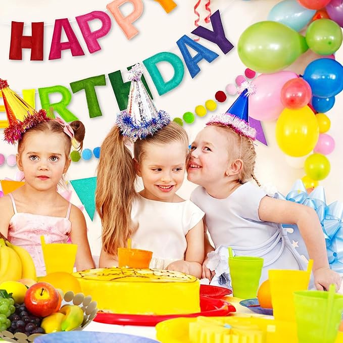 CANREVEL Pre-Strung 3D Rainbow Happy Birthday Banner, 3 PCS Happy Birthday Felt Sign, Pom Pom Garland, Triangle Fabric Bunting, Colorful Reusable Birthday Decorations for Women Men Girls Boys, Multi