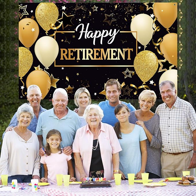 Blulu Retirement Party Decorations, Extra Large Fabric Retire Sign Banner Photo Booth Backdrop Background with Rope for Retirement Party Favor(70.8 x 43.3 Inch,Black and Gold)