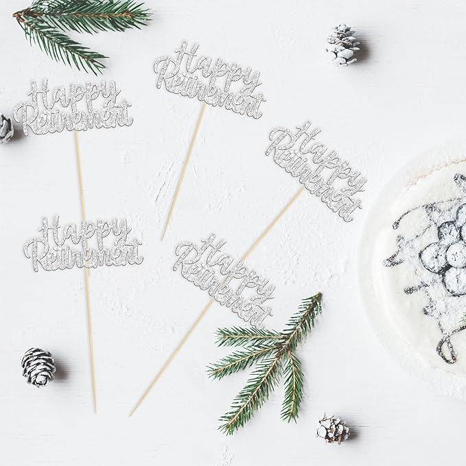 Gyufise Silver Glitter Happy Retirement Cupcake Toppers Retired Cake Decorations for Retirement Party Cake Decorations 36 Pack