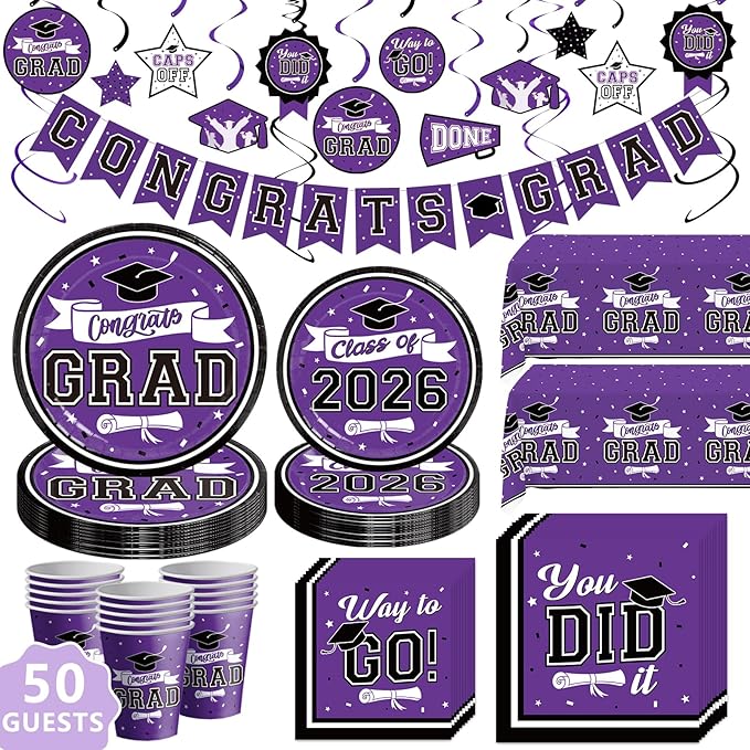 DAZONGE Graduation Decorations Class of 2026 Purple, 265pcs Disposable 2026 Graduation Party Decorations Tableware Set, Grad Party Supplies for 50 Guests, Congrats Grad Banner and Hanging Swirls