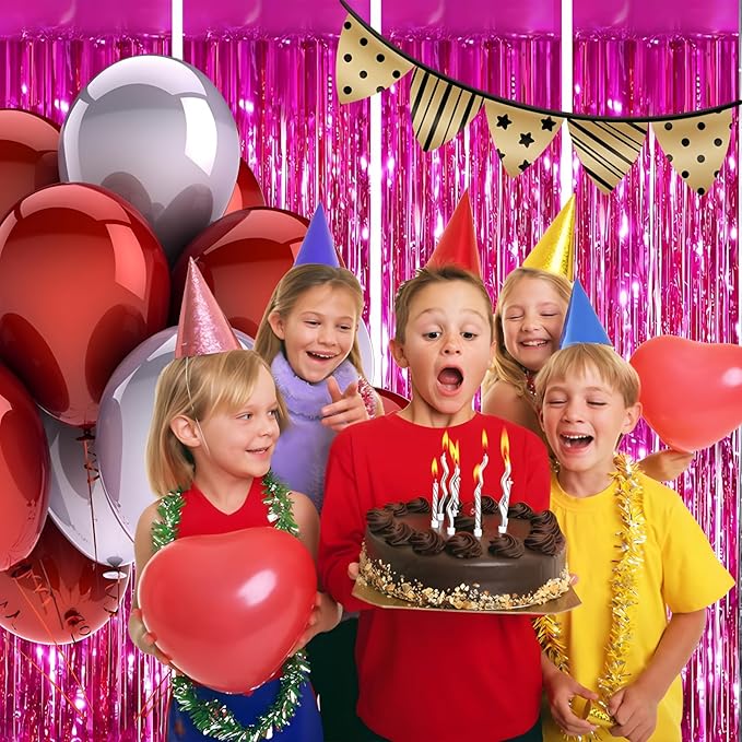 Valentines Day 4 Pack 3.3 * 8.3 ft Foil Curtain Metallic Tinsel Fringe Curtains Photo Booth Props Backdrop for Birthday Wedding Engagement Baby Shower Christmas Holiday Celebration Partyl,Hot Pink