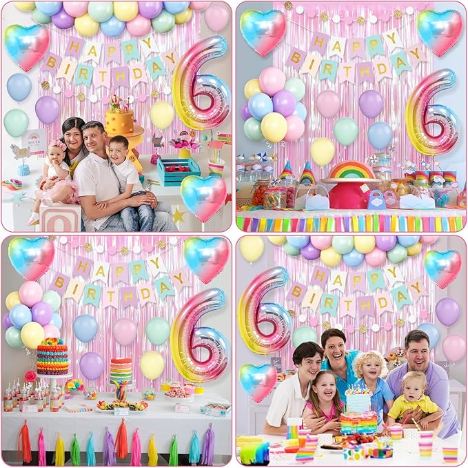 6th Birthday Decorations Rainbow,Gradient Number 6 Balloon,Pastel Happy Birthday Banner Fringe Curtain Heart Foil Balloons Boys Girls 6 Year Old Decor