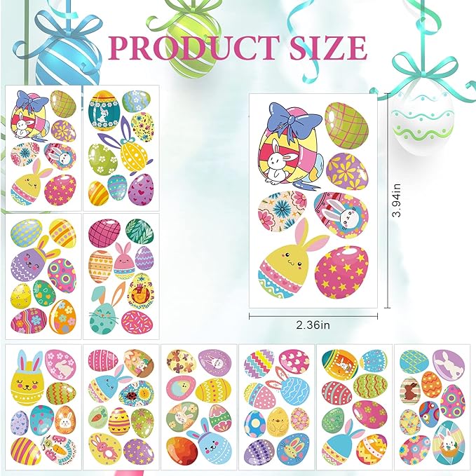 80+ Pieces Easter Egg Tattoos for Kids, 10 Sheets Easter Bunny Egg Tattoo Stickers for Easter Party Decorations Favors Supplies