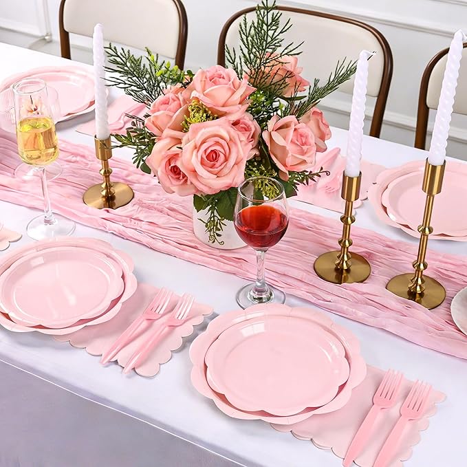 96 Pcs Pink Paper Plates and Napkins Set Party Supplies, Tableware set for 24 Guest include Disposable Pink Scalloped Plates, Napkins and Forks for Baby Shower Bridal Shower Wedding Mother Day