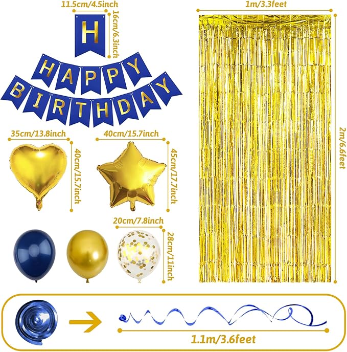 Navy Blue Gold Birthday Decorations, Bday Party Supplies for Men Women Boys Girls with Happy Birthday Banner, Confetti Balloons, Fringe Curtain, Heart Star Foil Balloons, Hanging Swirls