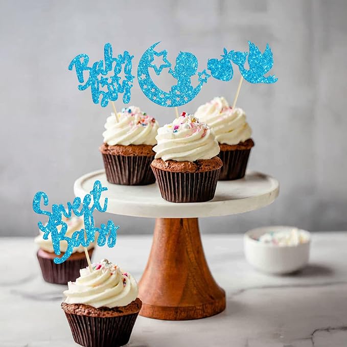 24Pcs Sweet Baby Boy Cupcake Toppers Blue Glitter Moon Star Baby Shower Cupcake Picks Decorations for Gender Reveal Baby Shower Kids Boys Birthday Party Supplies
