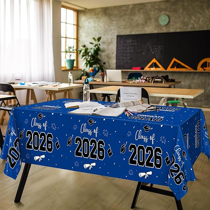 QZYL 4 Pack Graduation Tablecloth, 54" x 108" Blue Graduation Table Decorations 2026, Plastic Table Cloth for Class of 2026 Congrats Grad, Rectangle Disposable Grad Party Decorations Supplies Favors