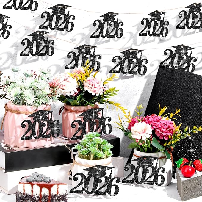 Chinco 24 Pcs 2026 Graduation Decorations Class of 2026 Graduation Centerpieces for Table Glitter Cutouts Grad Cap Tags Double Side Sparkling Glitter Confetti Party Decor for Vase Mason Jar (Black)