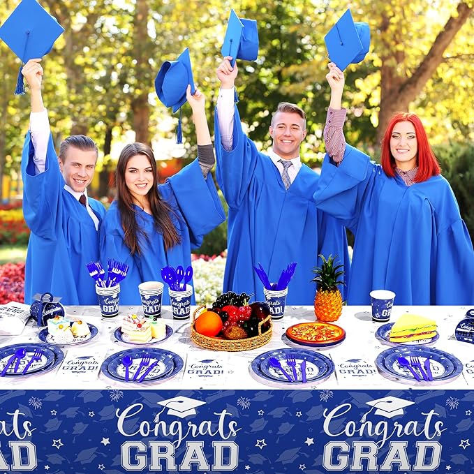Graduation Party Supplies Congrats Grad Plates and Napkins Set Serve 50, Disposable Tableware Paper Plates Napkins Cups Knives Spoons Forks Straws for Class of 2026 Graduation Party Decorations (Blue)