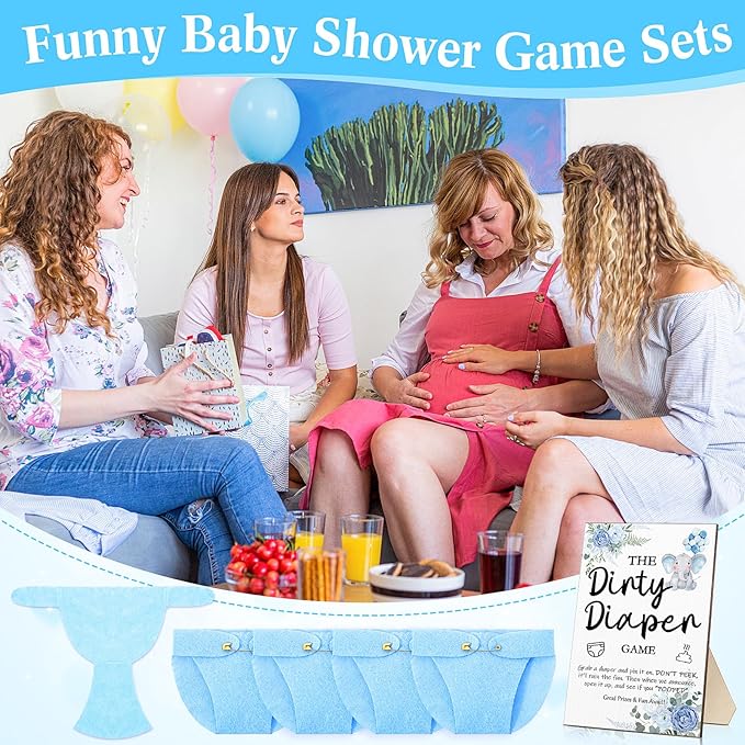 Roowest 51 Pcs Dirty Diaper Baby Shower Games Funny Wooden Sign with 50 Pcs Mini Diapers Cute Felt for Gender Reveal Party Baby Shower(Blue Elephant)