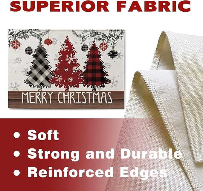 Merry Christmas Tree Placemats Set of 4, Xmas Red Black Buffalo Plaid Snowflake Farmhouse Dining Place Mats Table Decor, Rustic Winter Holiday Balls Home Kitchen Decoration 12 x 18 Inches