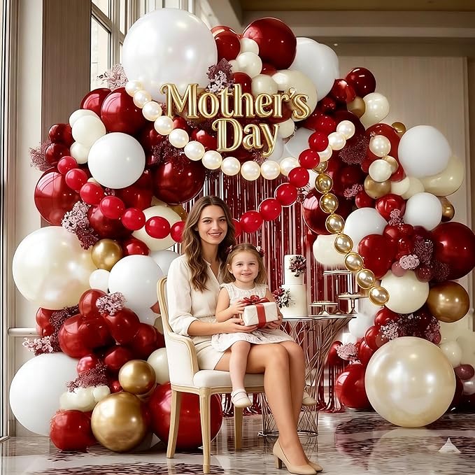 Red White Gold Balloon Arch Double Stuffed Burgundy Pearl White Sand Gold Balloon Garland Kit Red Linking Balloons Fringe Curtain for Bridal Shower Wedding Birthday Mother's Day Engagement Party Decor