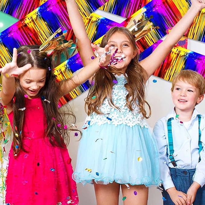 3 Pack 10 Ft Rainbow Foil Fringe Garland Metallic Streamers Tinsel Banner Wall Hanging Garland Backdrop for Parade Floats, Halloween, Christmas, Thanksgiving, New Year Party Decorations