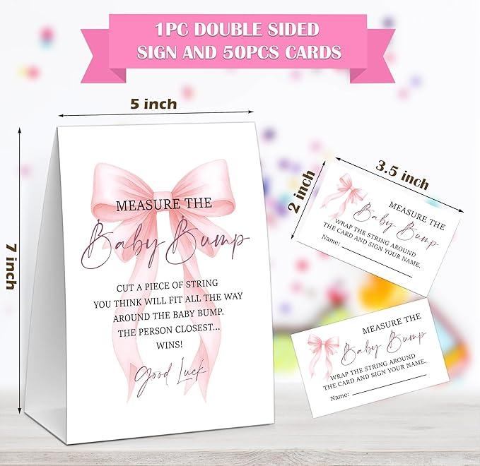 Pink Bow Measure the Baby Bump Game, Baby Shower Game, Include One 5×7 Sign and 50 Guessing Cards, Pink Coquette Bow Gender Reveal Party Decoration Supplies - FI01