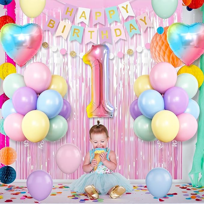 1st Birthday Decorations Rainbow,Gradient Number 1 Balloon,Pastel Happy Birthday Banner Fringe Curtain Heart Foil Balloons Boys Girls First Birthday Decor