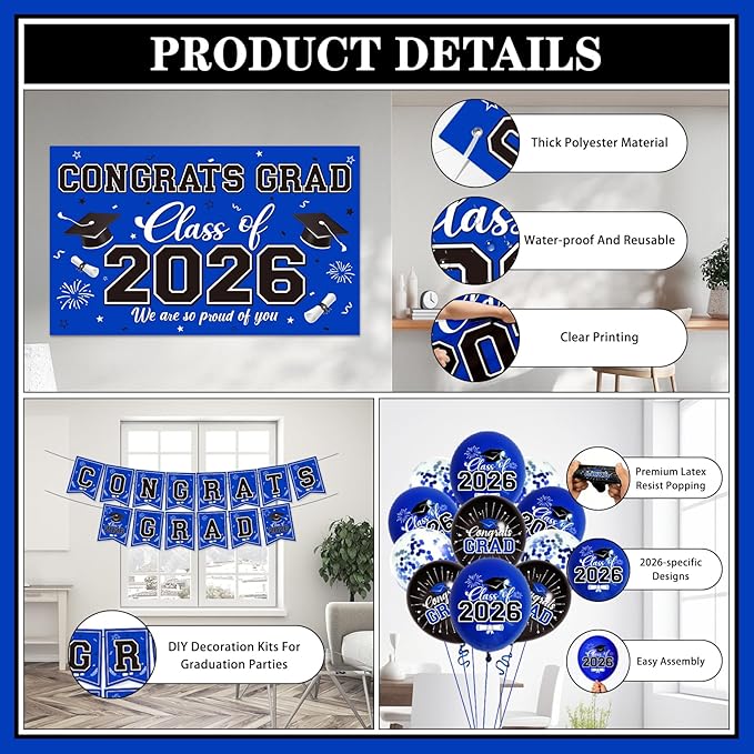 Graduation Decorations 2026 Blue Party Decor Set with Congrats Grad Banner, Class of 2026 Backdrop, Balloons, Box & Streamers Supplies for High School & College Celebrations
