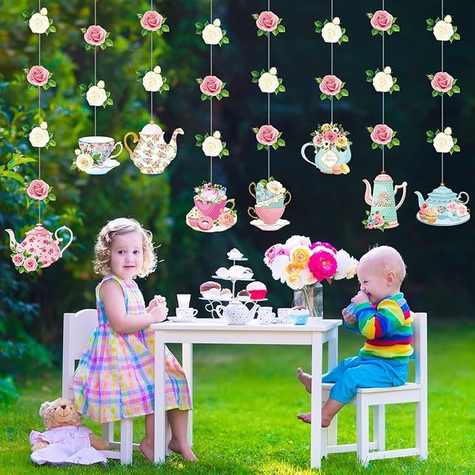 Faccito Floral Tea Party Decorations Double Sided Tea Party Hanging Garland Decor for Baby Shower Gender Reveal Bridal Wedding Favors Girls Women 32", 8 Pack