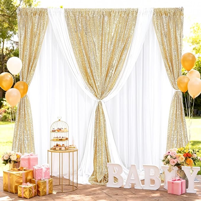 B-COOL Light Gold Sequin Backdrop Curtains 2 Packs 2ftx8ft Sparkle Backdrop Fabric Glitter Backdrop for Party Ceremony Wedding Birthday Decoration