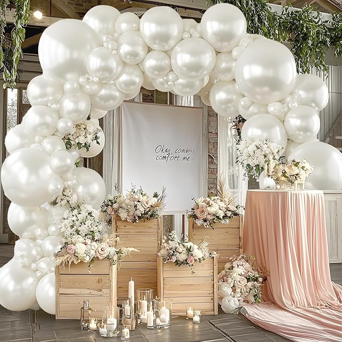 Pearl White Balloons Arch Kit - Double Stuffed White Balloon Arch Kit Different Sizes 18/12/10/5inch White Latex Balloons for Wedding Bridal Shower Anniversary Birthday Party Decoration