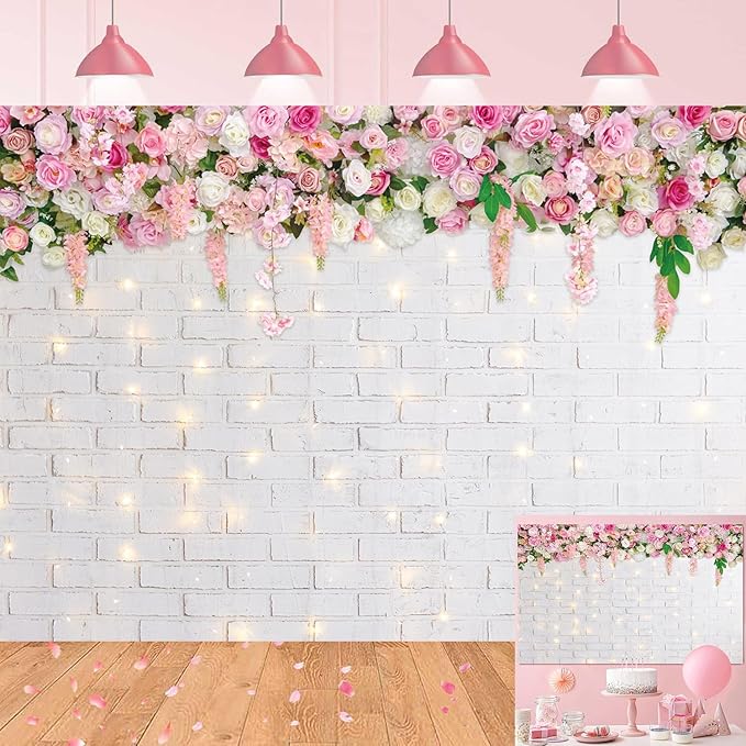 Flower Wall Backdrop Glitter White Brick Wall Mother's Day Flowers Photography Background Mother's Day Wedding Bridal Baby Shower Birthday Party Spring Theme Decor Photo Booth Props (10x8FT)