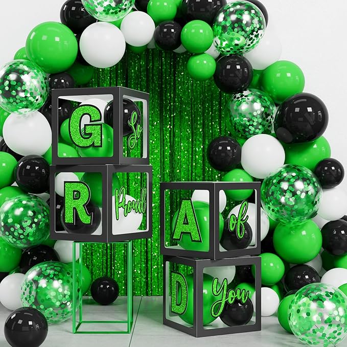 Graduation Party Decoration Class of 2026, 86PCS Green & Black Graduation Party Supplies High School College Grad Balloon Boxes with Letter, Foil Curtain, LED String Light, Balloon Garland Kit