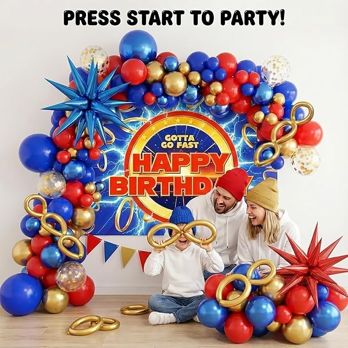 Red Blue Gold Hedgehog Birthday Party Decorations with small balloon arches gotta go fast Letter Star foil balloons backdrop for video game Cartoon Movies Super hero themed birthday party decor