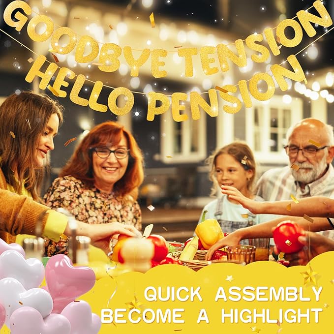 Retirement Banner Pre-Strung GOODBYE TENSION HELLO PENSION Banner Glitter Retirement Party Supplies Decorations for Women Men Office Home Decor (Gold)