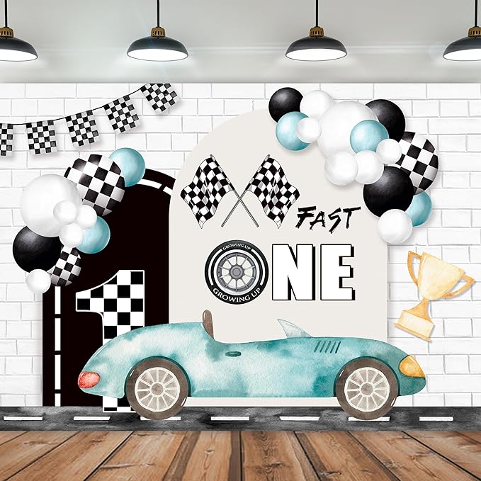 Imirell Fast One 1st Birthday Backdrop 7Wx5H Feet Kids Boys Racing Car Teal Black White Plaid Flag Cool Polyester Fabric Bday Cartoon Cute Photography Backgrounds Photo Shoot Decor Props Decoration