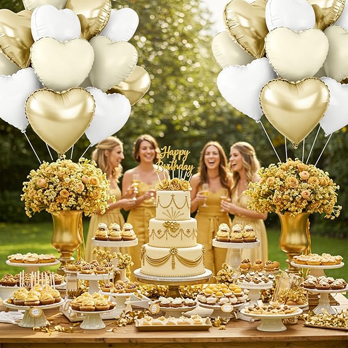 TONIFUL 30Pcs 18 Inch Champagne Gold Cream White Balloons White Heart Shape Foil Mylar Banners Decoration for Birthday Valentine's Day Wedding Bridal Shower Anniversary Engagement Party Supplies