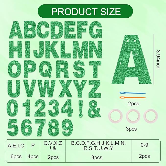 BEISHIDA 116 PCS A-Z DIY Letter Banner Kit Make Your Own Banner Glitter Green Including 111 Letters and Numbers 3 Rope and 2 Threading Device,Customized for Birthday Graduation Wedding Party Decor