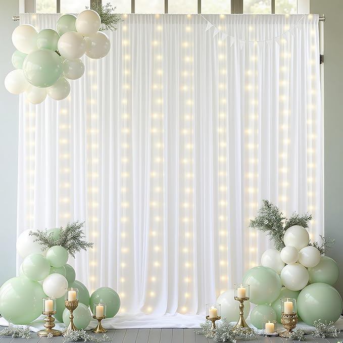20 x 10ft White Backdrop Curtains with Lights String for Wedding Polyester Photo Backdrop Drapes Wrinkle Free White Long Curtains for Birthday Parties Reception Baby Shower Ceremony-10 x 5ft x 4Panels