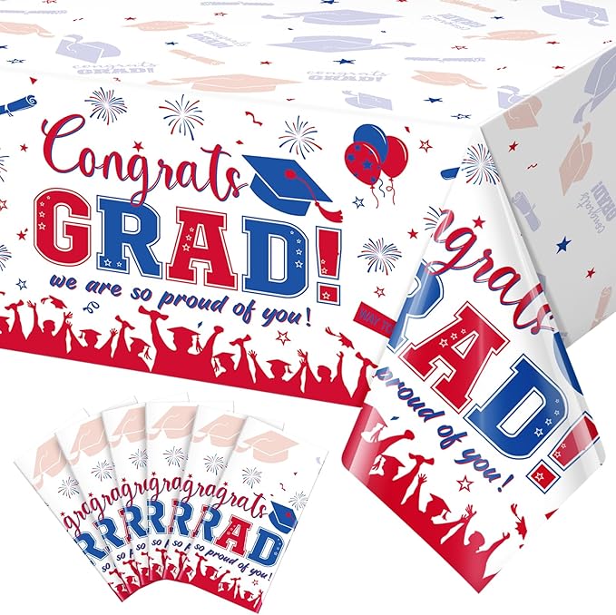 6 Pack Graduation Tablecloth Party Decorations, Class of 2026 Congrats Grad Plastic Tablecover Party Supplies, Blue and Red Rectangle Graduation Table Decor for College High School Party, 54x108Inch