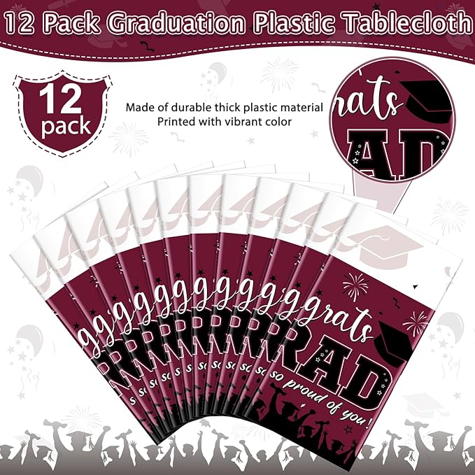 12Pack Graduation Tablecloth Party Decorations, Class of 2026 Congrats Grad Plastic Tablecover Party Supplies, Maroon Rectangle Graduation Table Decorations for College High School Party, 54 x 108Inch