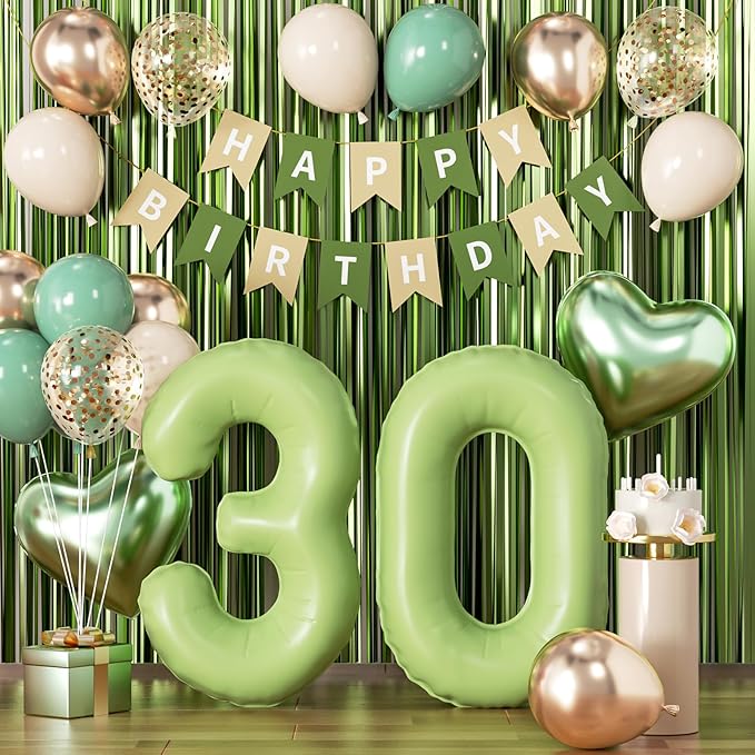 Sage Green 30th Birthday Decorations for Women Men, Dirty 30 Milestone Party Supplies, Sand White & Cream Balloon Kit with Green Number 30 Balloon and Fringe Curtains