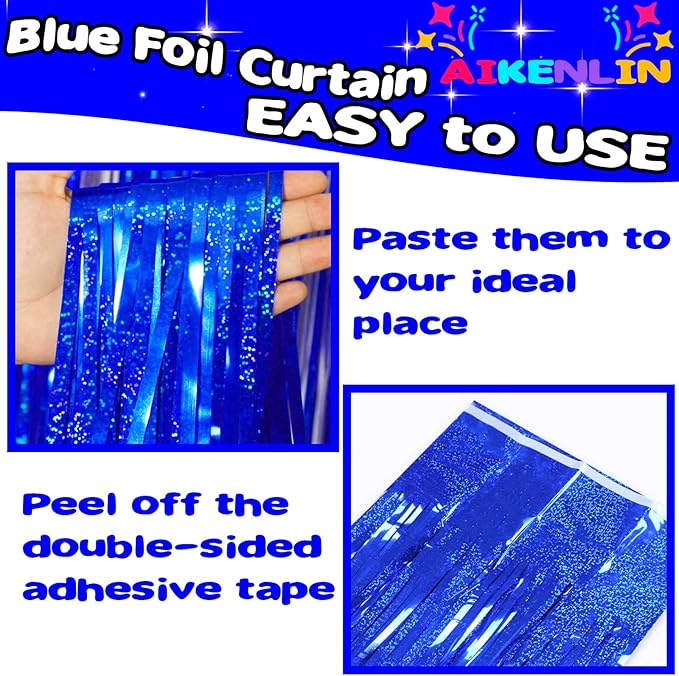 4 Pack 3.2Ft x 8.2Ft Blue Foil Fringe Curtain Backdrop, Metallic Tinsel Foil Fringe Streamers Curtains Background for Photo Booth, Birthday, Wedding, Disco, Bachelorette, Christmas Party Decoration