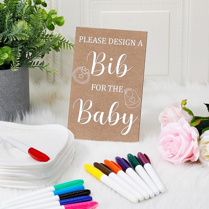 Panitay 43 Pcs Baby Shower Games White Bibs Design, Include Wooden Baby Shower Game Sign, 30 DIY Blank White Bibs, 12 Markers for Gender Reveal Party Decorating Supplies(Classic Style)