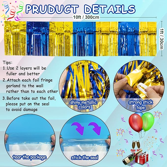 4 Packs Total 39 Ft Graduation Parade Floats for Trailer Car, Blue Gold Foil Fringe Garland Tinsel Streamers Banner Table Skirts for Graduation Homecoming Birthday Party (Royal Blue Gold)