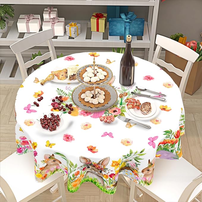 Spring Easter Tablecloth Round 60 Inch Green Bunny Easter Table Cloth Farmhouse Pink Floral Table Cover for Kitchen Dinner Room Holiday Party Indoor Outdoor Home Decor