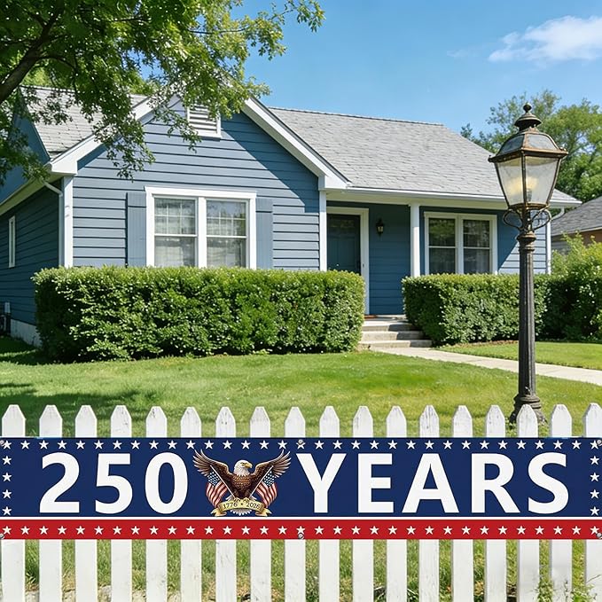 250 Year Anniversary USA Banner Flag 2x10 Ft, 4th of July Decorations 1776-2026 Freedom 250 Years Birthday Patriotic Party Supplies Decorations for Outdoor, Indoor,Garden, Porch (BLUE C)