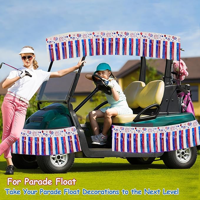4 Pack 39Ft 4th of July Parade Floats for Trailer Car, Flag Stripes and Stars Patriotic Foil Fringe Garland Tinsel Streamers Banner Table Skirts for 4th of July Graduation Homecoming Party (Flag)